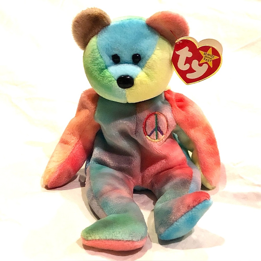 NWT 1996 Original Ty Beanie Babies Peace Bear Tie Dye Embroidered Peace Symbol